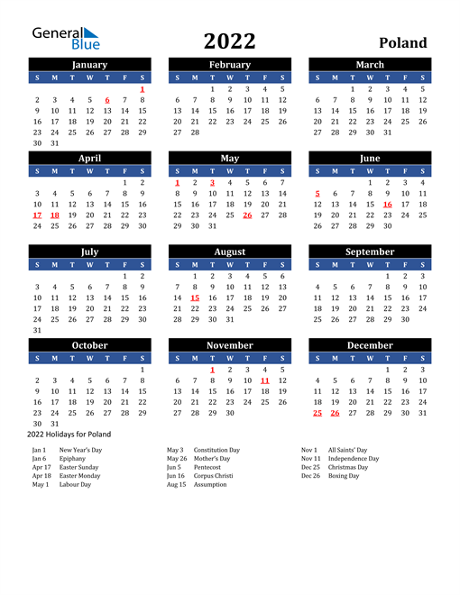 2022 Poland Free Calendar