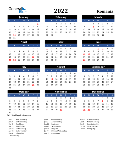 2022 Romania Calendar with Holidays