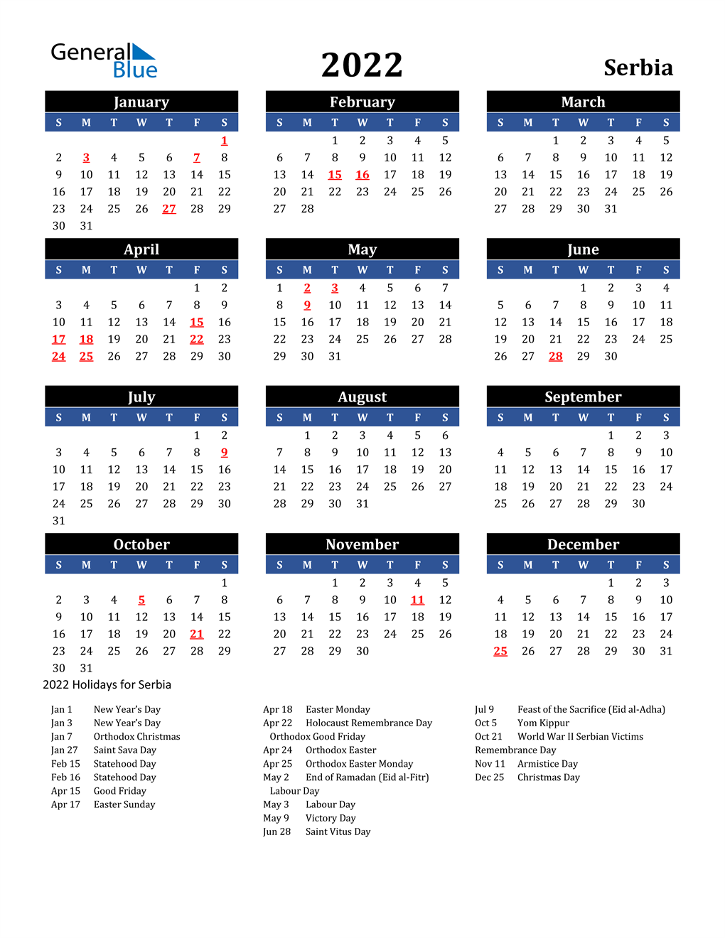 Serbian Orthodox Calendar 2022 2022 Serbia Calendar With Holidays