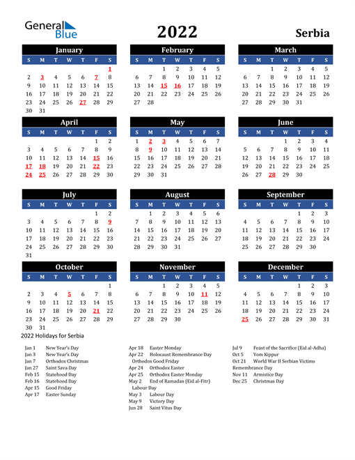 2022 Serbia Free Calendar