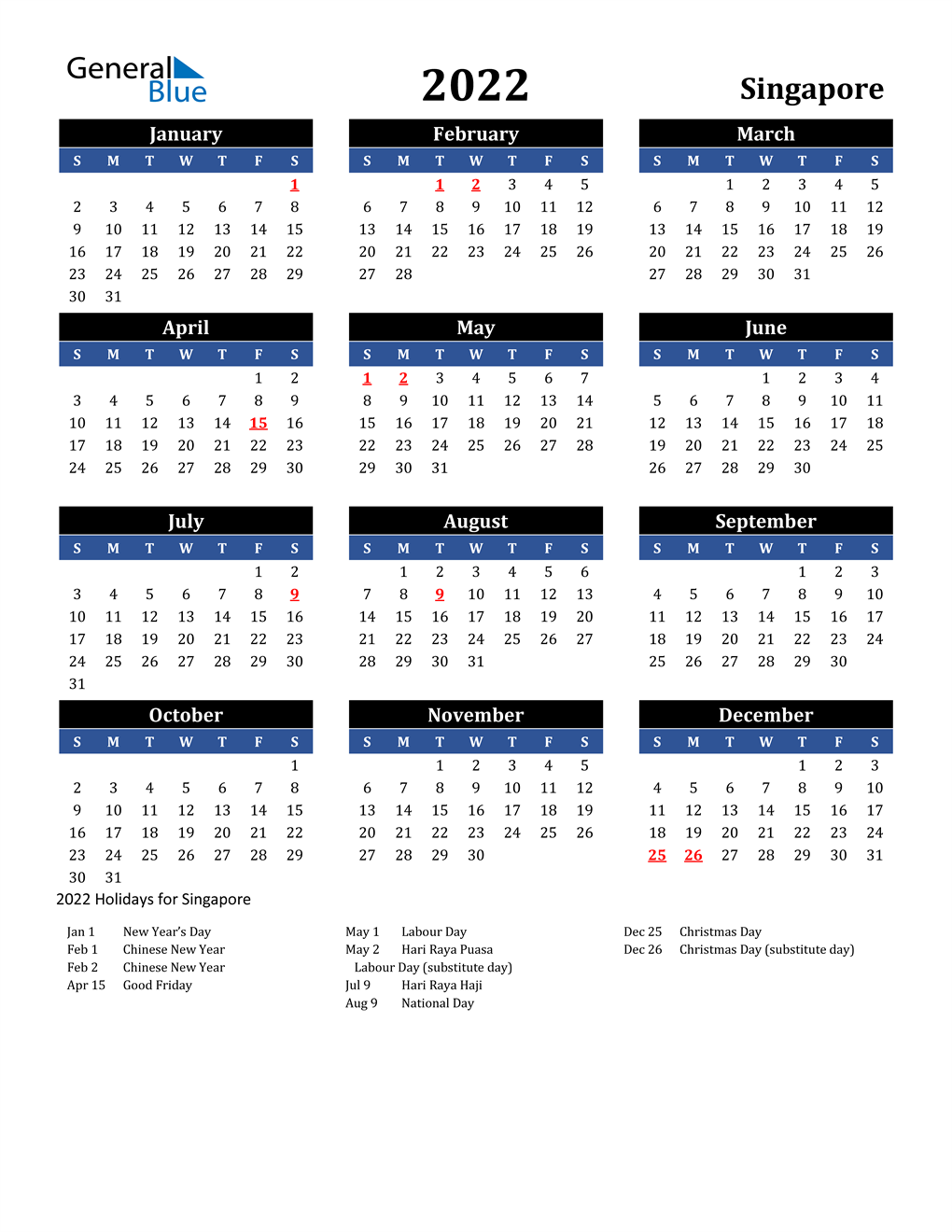 Mgh Holiday Calendar 2022 2022 Singapore Calendar With Holidays