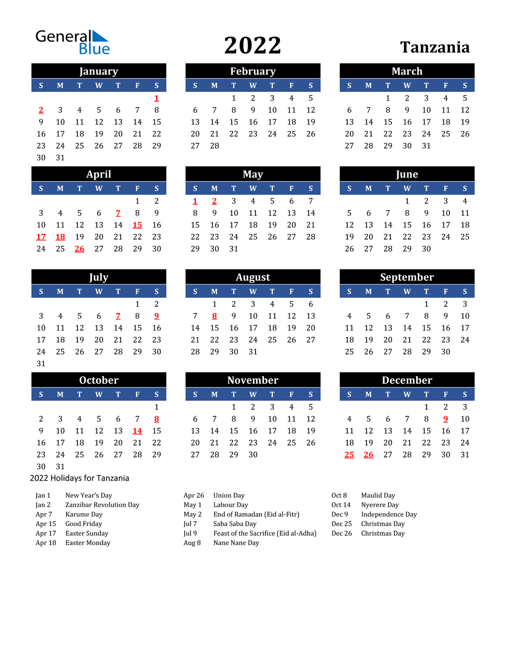 2022 Tanzania Calendar With Holidays