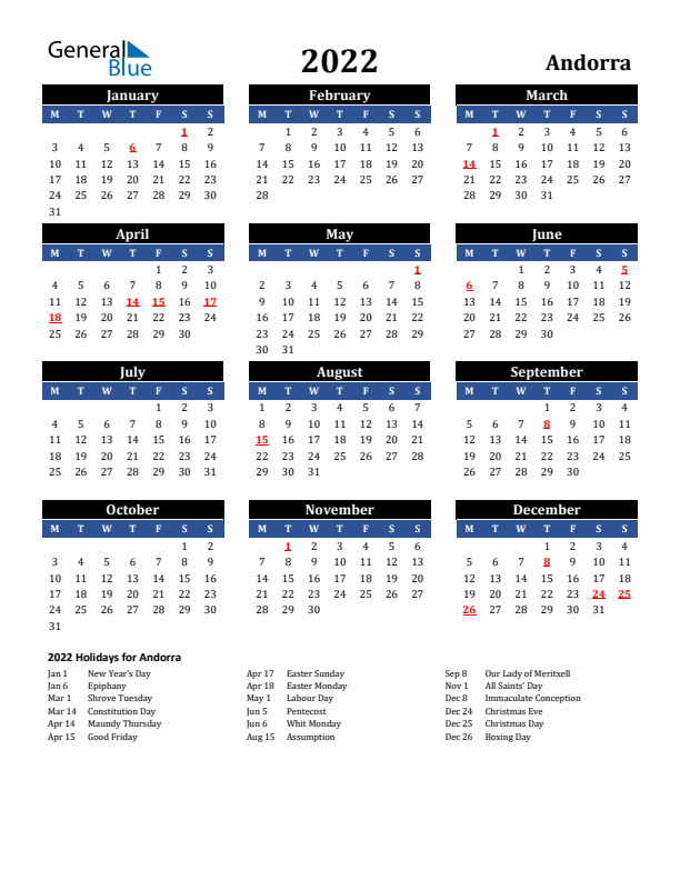 2022 Andorra Holiday Calendar