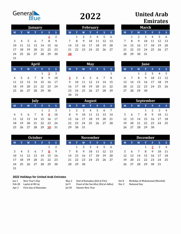 2022 United Arab Emirates Holiday Calendar