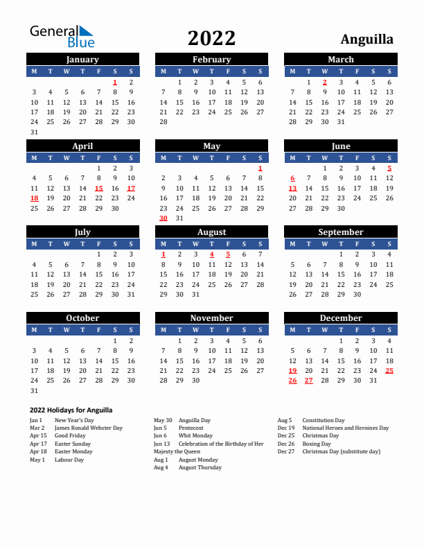 2022 Anguilla Holiday Calendar
