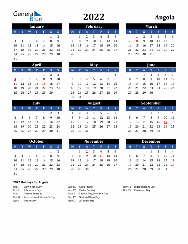 2022 Angola Holiday Calendar