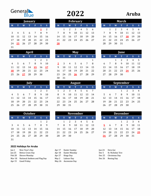 2022 Aruba Holiday Calendar