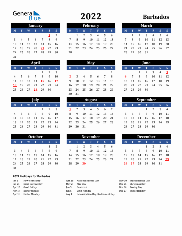 2022 Barbados Holiday Calendar