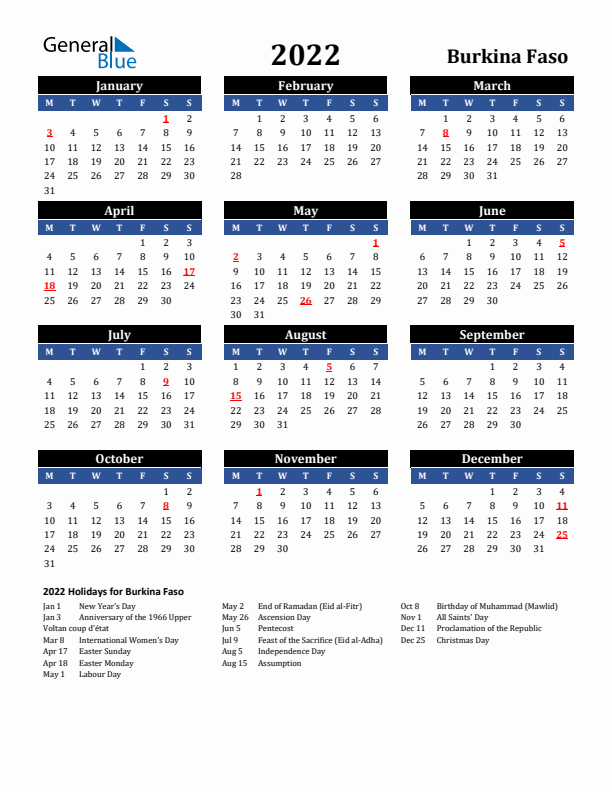 2022 Burkina Faso Holiday Calendar