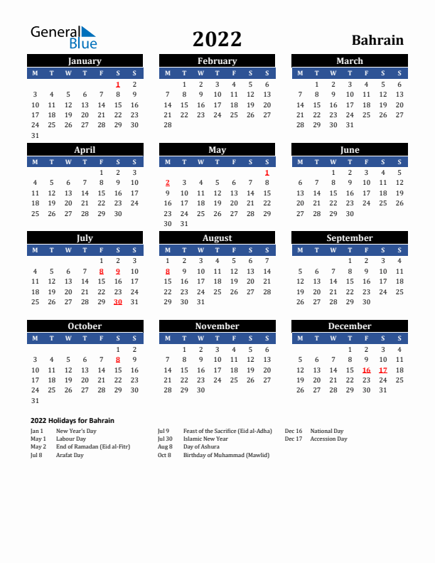 2022 Bahrain Holiday Calendar