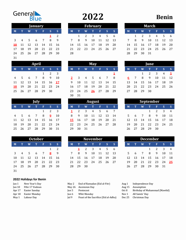 2022 Benin Holiday Calendar