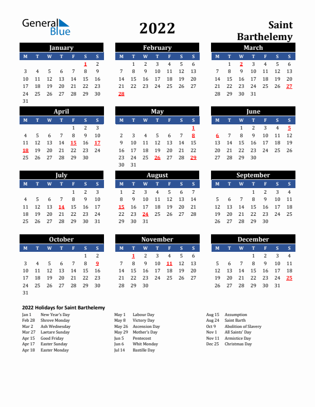 2022 Saint Barthelemy Holiday Calendar
