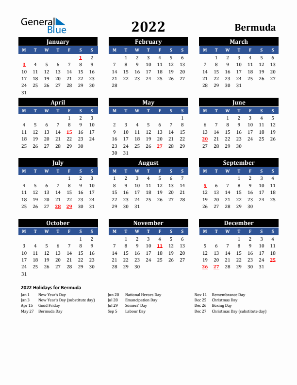 2022 Bermuda Holiday Calendar