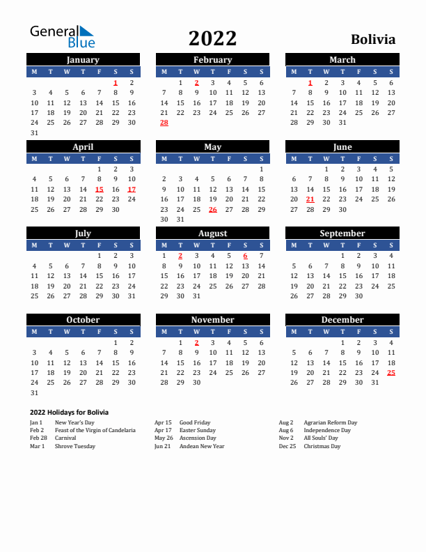 2022 Bolivia Holiday Calendar