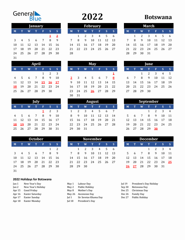 2022 Botswana Holiday Calendar