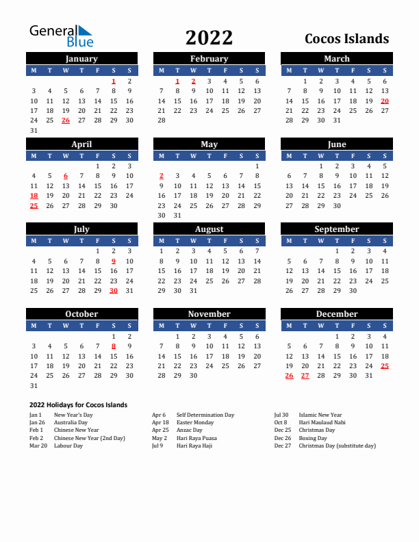 2022 Cocos Islands Holiday Calendar