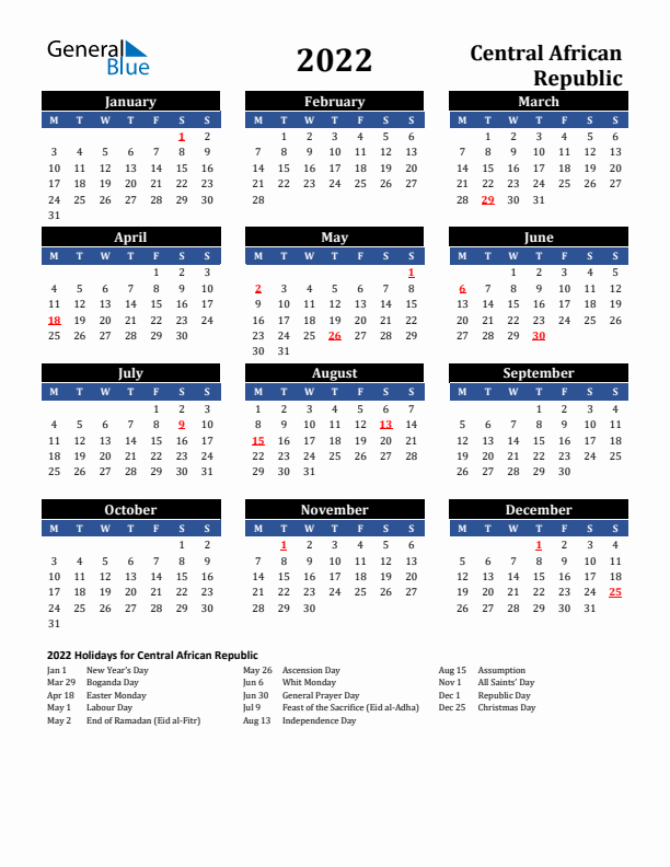 2022 Central African Republic Holiday Calendar