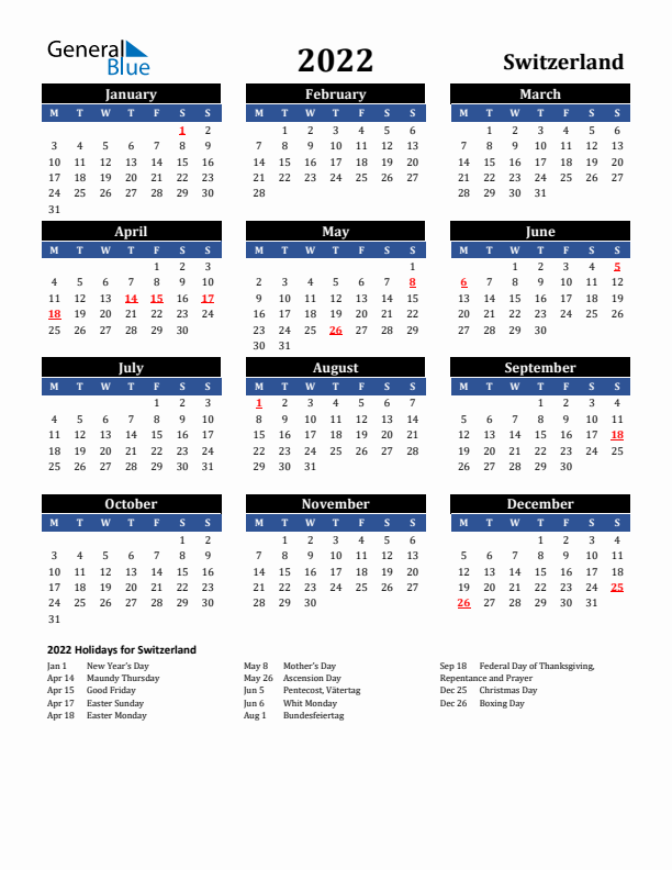 2022 Switzerland Holiday Calendar