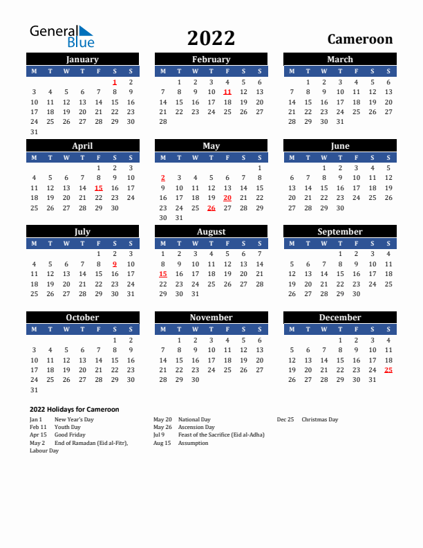 2022 Cameroon Holiday Calendar