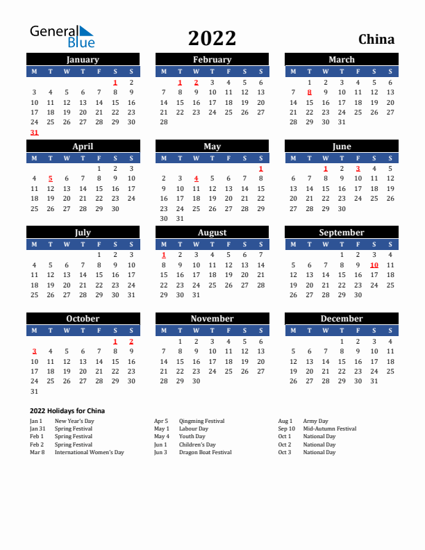 2022 China Holiday Calendar