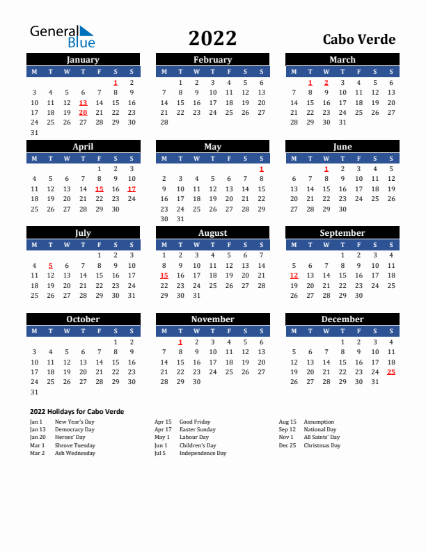 2022 Cabo Verde Holiday Calendar