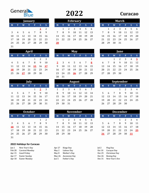 2022 Curacao Holiday Calendar