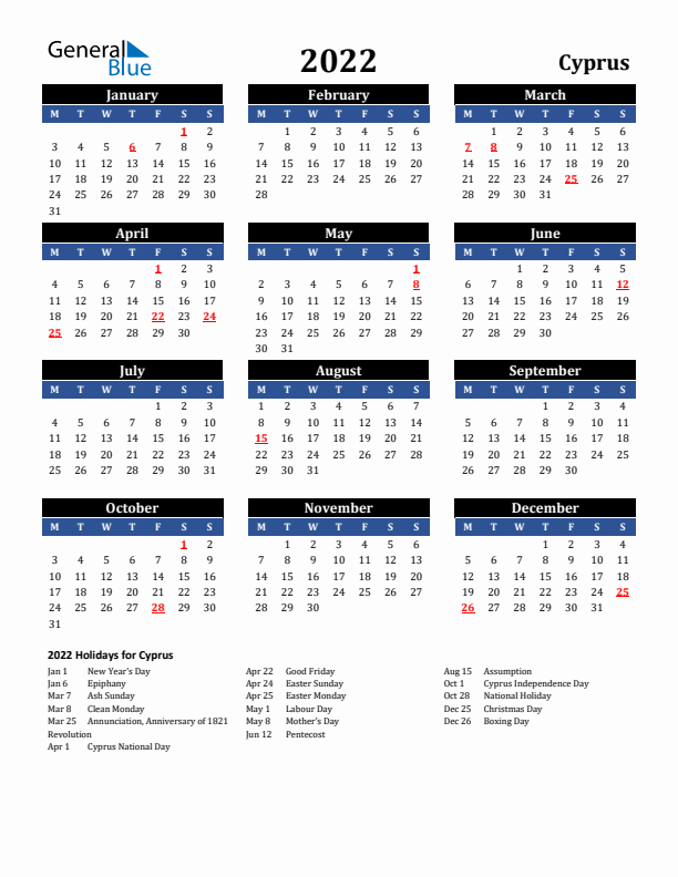 2022 Cyprus Holiday Calendar