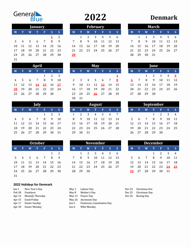2022 Denmark Holiday Calendar