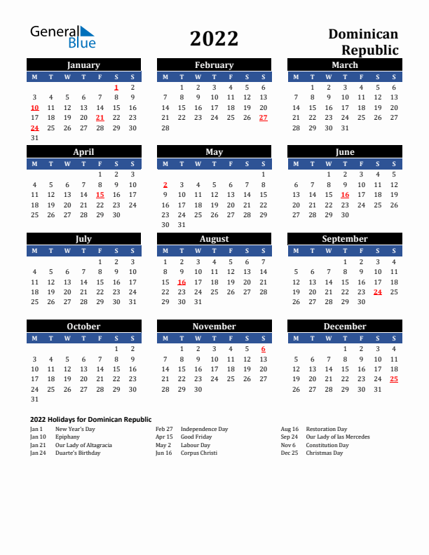 2022 Dominican Republic Holiday Calendar