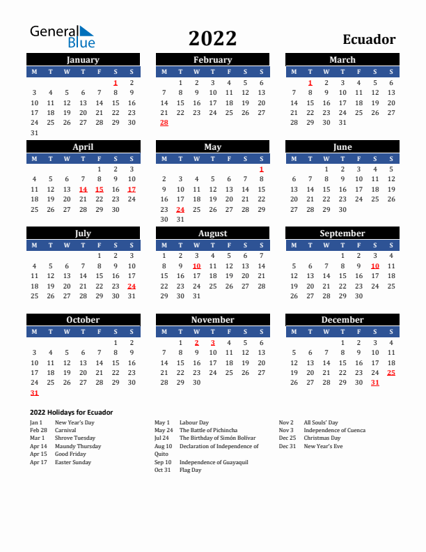 2022 Ecuador Holiday Calendar