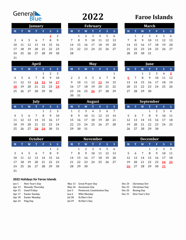 2022 Faroe Islands Holiday Calendar