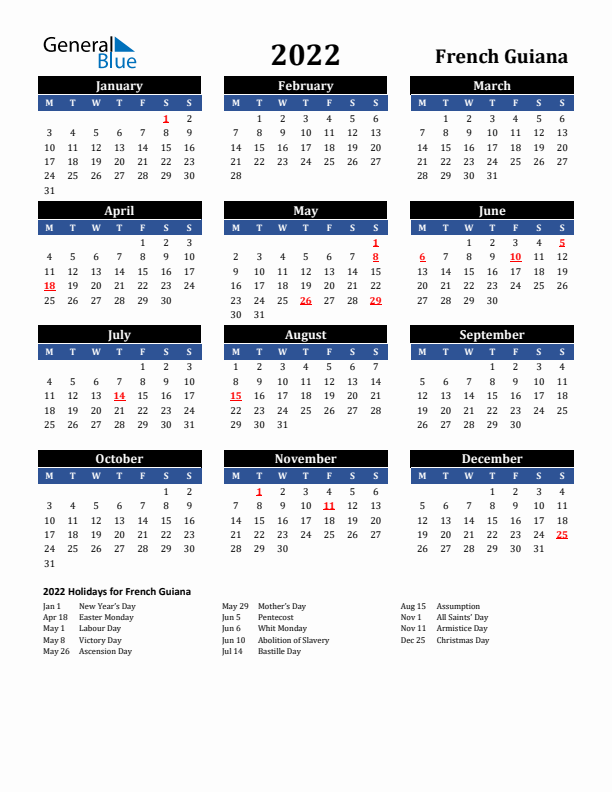 2022 French Guiana Holiday Calendar