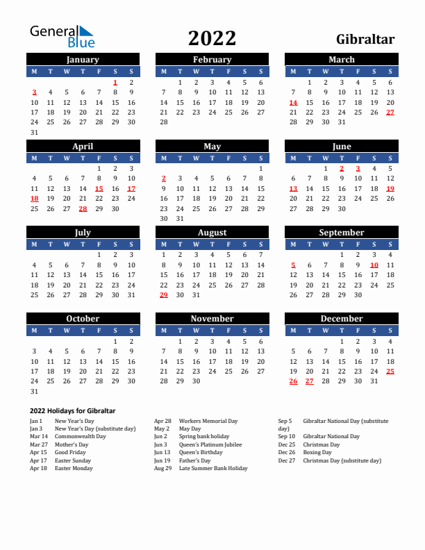 2022 Gibraltar Holiday Calendar