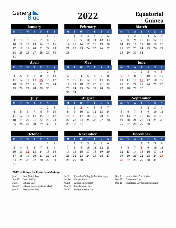 2022 Equatorial Guinea Holiday Calendar