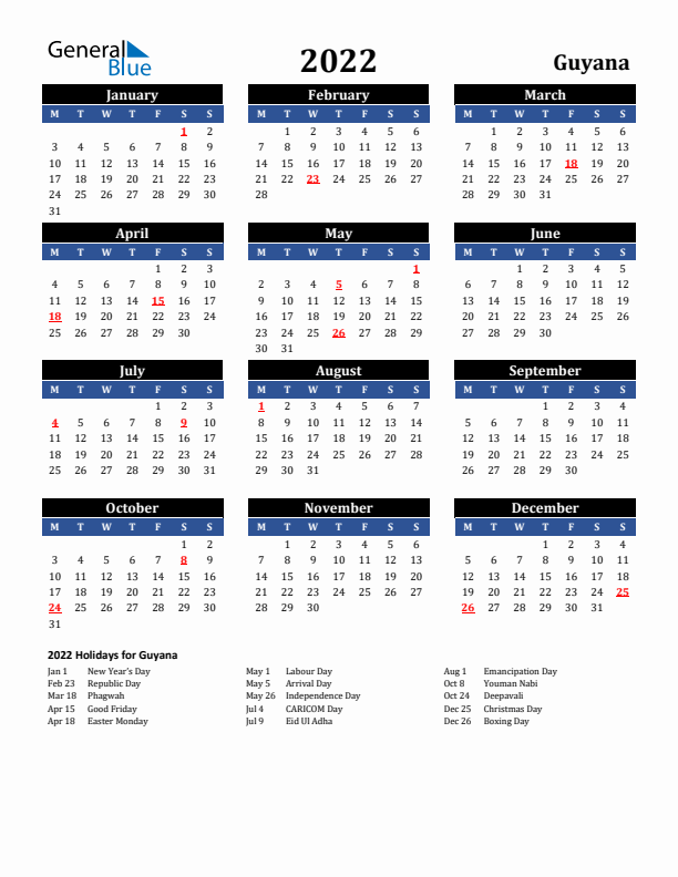 2022 Guyana Holiday Calendar