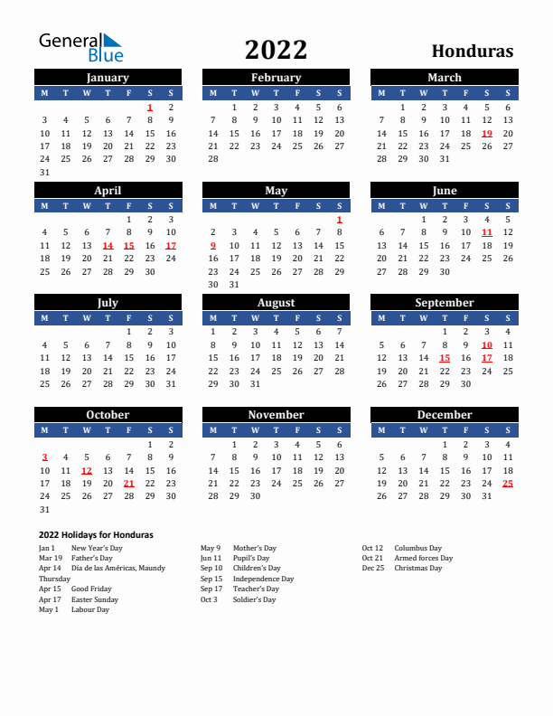 2022 Honduras Holiday Calendar
