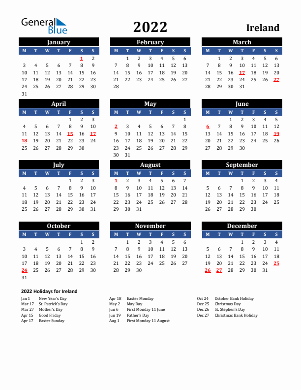2022 Ireland Holiday Calendar