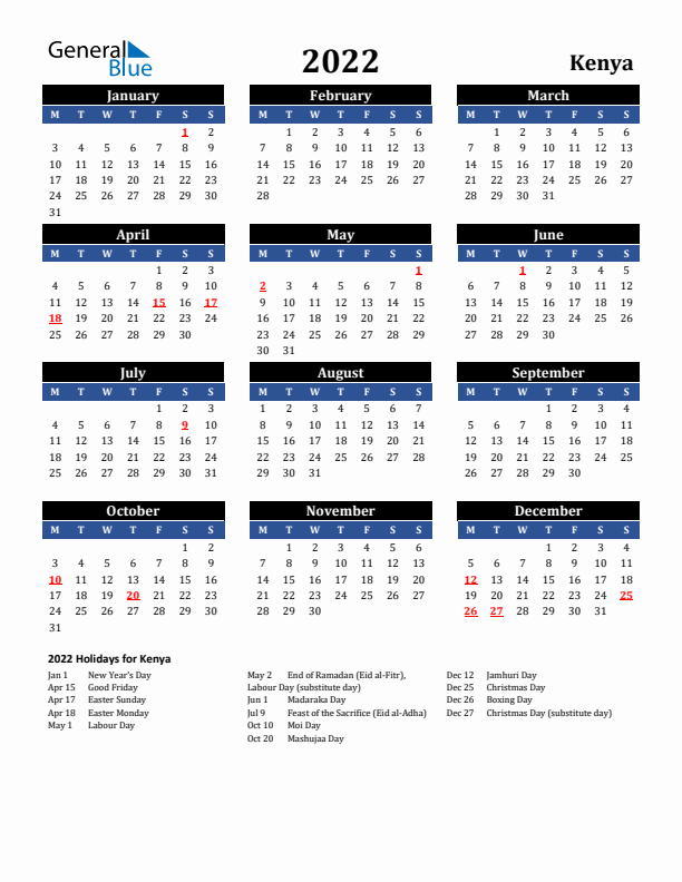 2022 Kenya Holiday Calendar