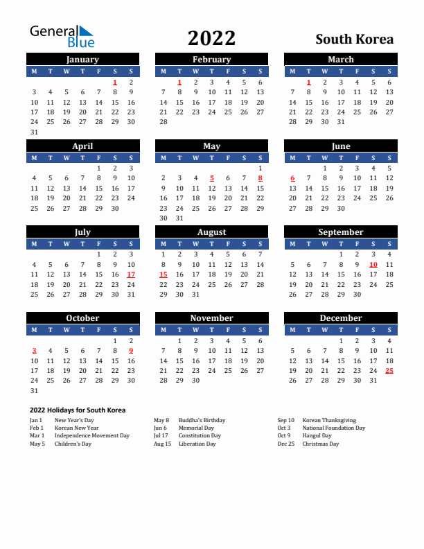 2022 South Korea Holiday Calendar