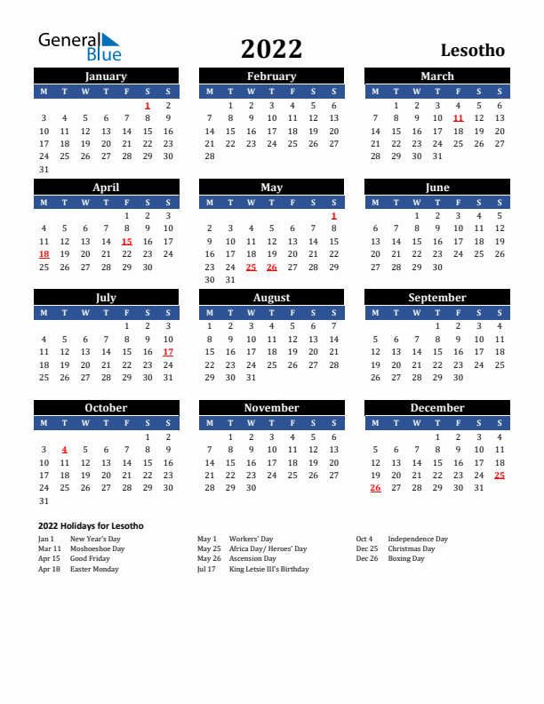 2022 Lesotho Holiday Calendar