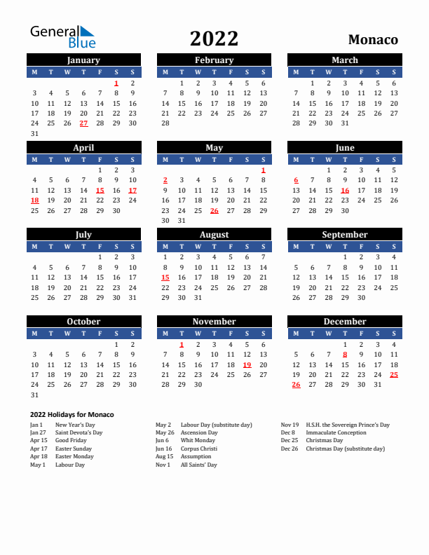 2022 Monaco Holiday Calendar
