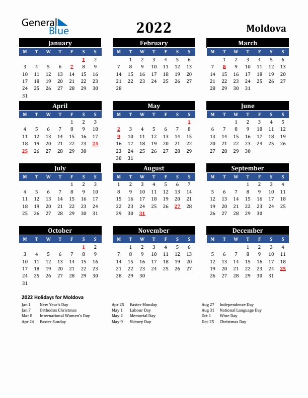 2022 Moldova Holiday Calendar