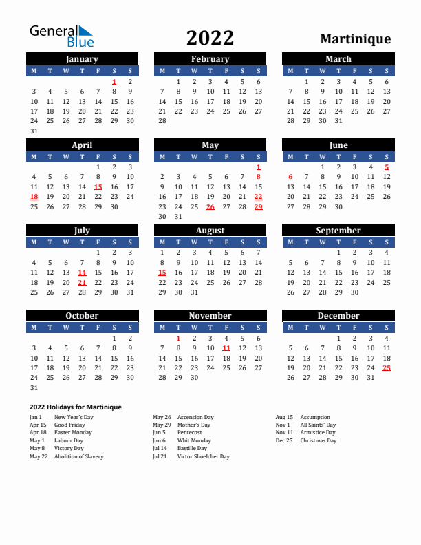 2022 Martinique Holiday Calendar