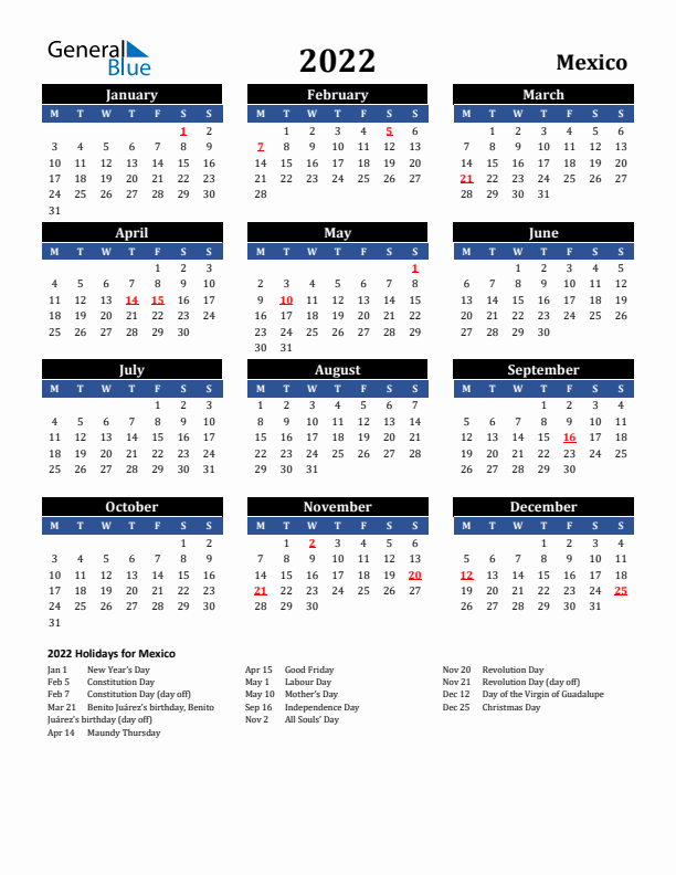 2022 Mexico Holiday Calendar