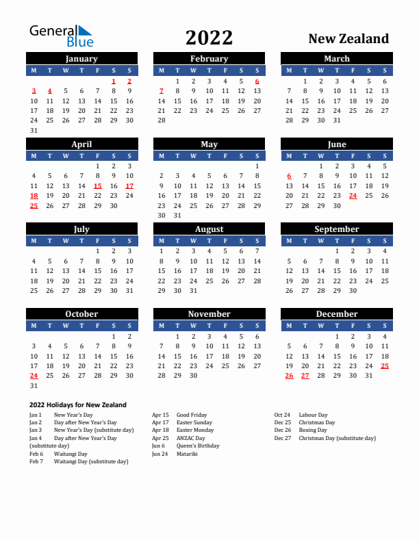2022 New Zealand Holiday Calendar