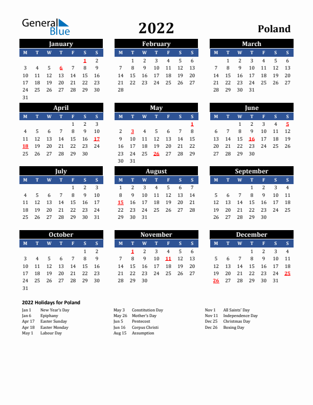 2022 Poland Holiday Calendar