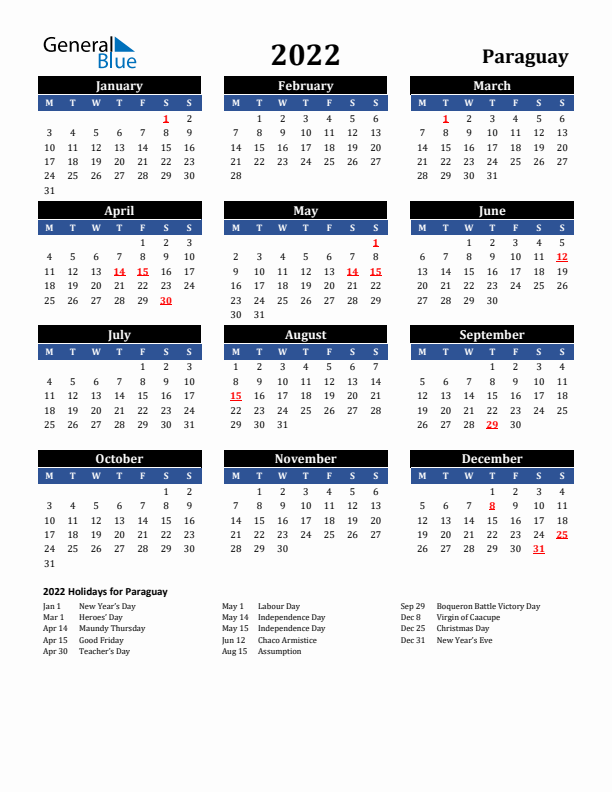 2022 Paraguay Holiday Calendar