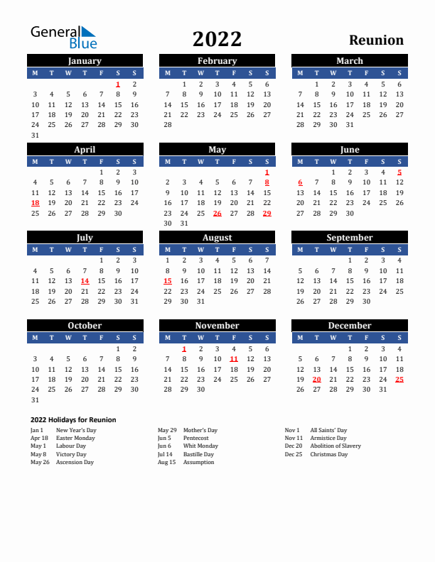 2022 Reunion Holiday Calendar