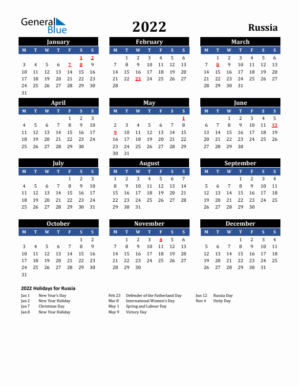2022 Russia Holiday Calendar