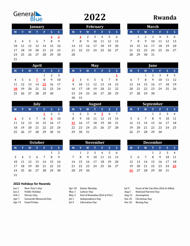 2022 Rwanda Holiday Calendar